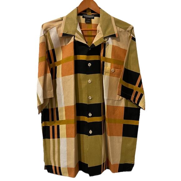 Trust Shirt Mens XL Black Yellow Plaid Linen Rayon Button Up Bold *Read* - Picture 1 of 13